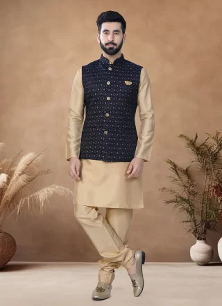 Blue and Gold Jacquard Kurta Payjama with Jacket with Embroidered, Sequins and Thread Work for Ceremonial