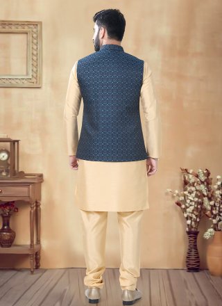 Blue and Gold Silk Kurta Payjama with Jacket with Sequins and Thread Work for Ceremonial