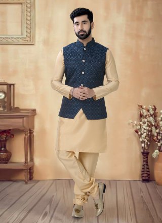 Blue and Gold Silk Kurta Payjama with Jacket with Sequins and Thread Work for Ceremonial