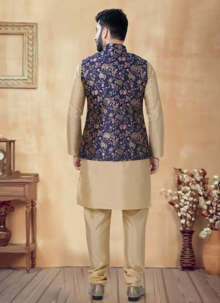 Blue and Gold Silk Kurta Payjama with Jacket with Sequins and Thread Work for Men
