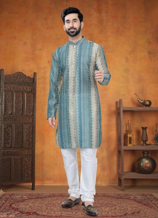 Blue and Green Jacquard Kurta Pyjama