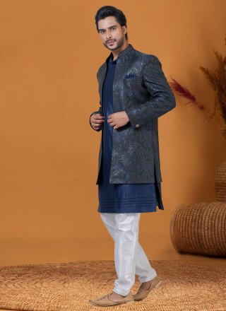 Blue and Green Jacquard Silk Jacquard Work Indo Western for Ceremonial