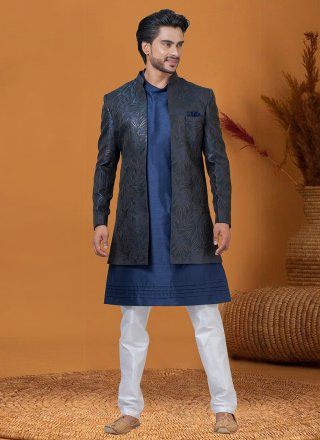 Blue and Green Jacquard Silk Jacquard Work Indo Western for Ceremonial
