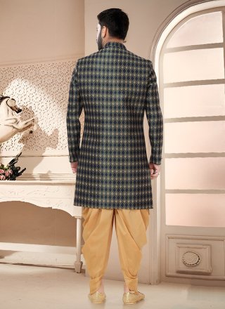Blue and Green Jacquard Woven Work Sherwani Mens Wear for Ceremonial