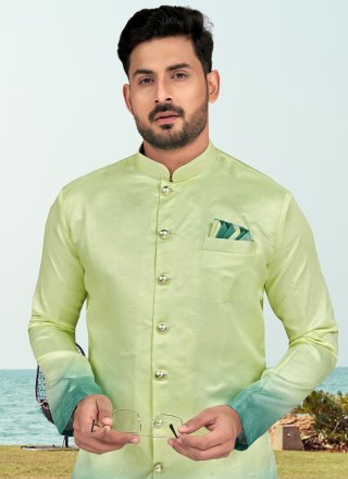 Blue and Green Silk Indo Western with Buttons and Print Work for Men