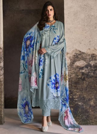 Blue and Grey Muslin Salwar Suit