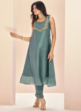 Blue and Grey Organza Designer Kurti with Embroidered Work