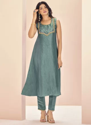 Blue and Grey Organza Designer Kurti with Embroidered Work