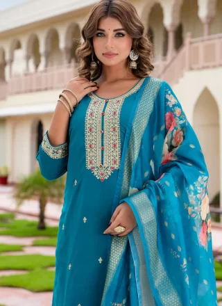 Blue and Morpeach Buttons and Embroidered Work Rayon Salwar Suit
