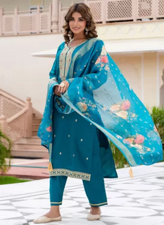 Blue and Morpeach Buttons and Embroidered Work Rayon Salwar Suit