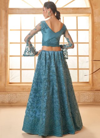 Blue and Morpeach Net Lehenga Choli with Cord, Floral Patch, Stone and Thread Work for Women