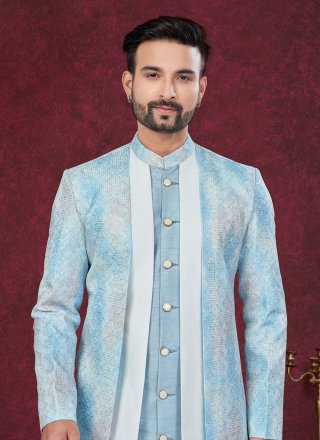 Blue and Off White Banarasi Silk Digital Print and Machine Embroidery Work Sherwani Mens Wear