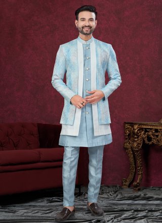 Blue and Off White Banarasi Silk Digital Print and Machine Embroidery Work Sherwani Mens Wear