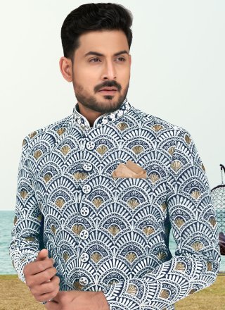 Blue and Off White Banarasi Silk Hand, Machine Embroidery and Thread Work Sherwani Mens Wear for Men