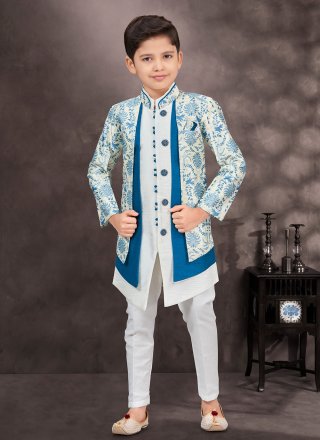 Blue and Off White Buttons, Digital Print, Stone and Thread Work Banarasi Silk Sherwani Kids Wear