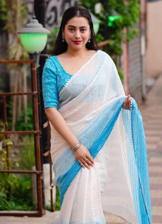 Blue and Off White Chiffon Trendy Saree with Fancy and Print Work for Festival