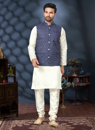 Blue and Off White Cotton Kurta Payjama with Jacket with Digital Print and Thread Work for Men