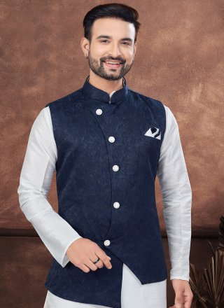 Blue and Off White Dupion Silk Buttons and Fancy Work Kurta Payjama with Jacket for Men