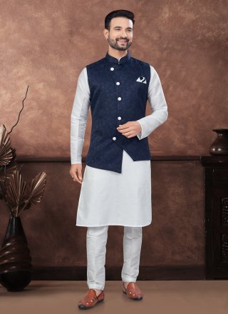 Blue and Off White Dupion Silk Buttons and Fancy Work Kurta Payjama with Jacket for Men