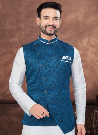 Blue and Off White Dupion Silk Kurta Payjama with Jacket with Buttons and Fancy Work for Men