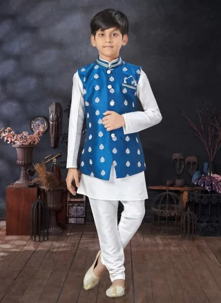 Blue and Off White Dupion Silk Thread Work Kurta Payjama with Jacket