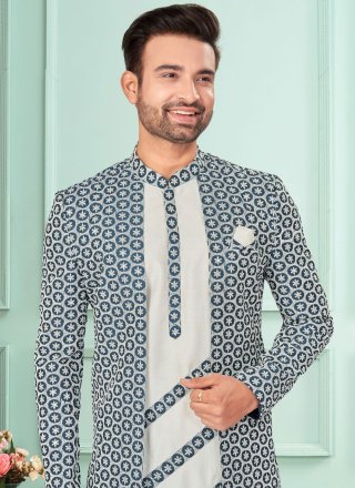 Blue and Off White Lucknowi Embroidered and Lucknowi Work Work Indo Western for Men