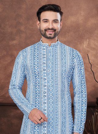 Blue and Off White Rayon Digital Print and Embroidered Work Kurta Mens Wear for Casual