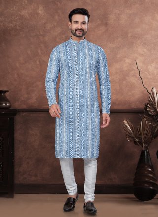 Blue and Off White Rayon Digital Print and Embroidered Work Kurta Mens Wear for Casual