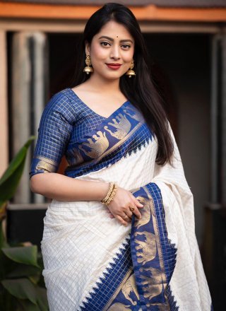 Blue and Off White Silk Woven and Zari Work Traditional Saree