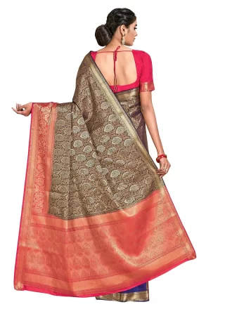 Blue and Pink Kanjivaram Silk Weaving Work Classic Saree for Women