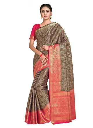 Blue and Pink Kanjivaram Silk Weaving Work Classic Saree for Women
