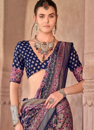Blue and Pink Silk Print Work Trendy Saree for Women