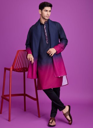 Blue and Rani Rayon Mirror and Thread Work Kurta Mens Wear