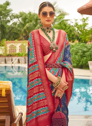Blue and Red Patola Silk Patola Print Work Classic Sari