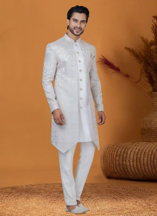 Blue and Silver Jacquard Silk Indo Western with Jacquard Work for Ceremonial