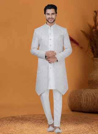 Blue and Silver Jacquard Silk Indo Western with Jacquard Work for Ceremonial