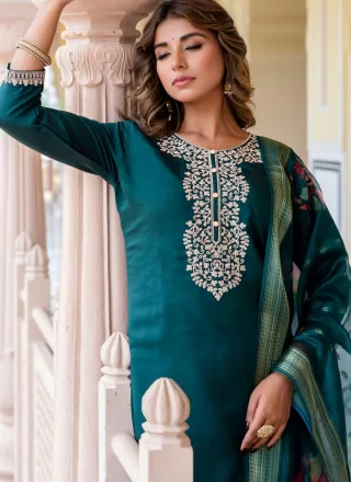 Blue and Teal Buttons and Embroidered Work Rayon Salwar Suit