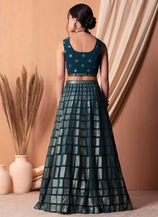 Blue and Teal Georgette Lehenga Choli with Embroidered, Sequins and Thread Work