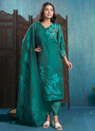 Blue and Teal Silk Readymade Salwar Suit with Digital Print and Sequins Work