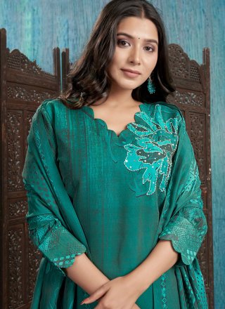 Blue and Teal Silk Readymade Salwar Suit with Digital Print and Sequins Work