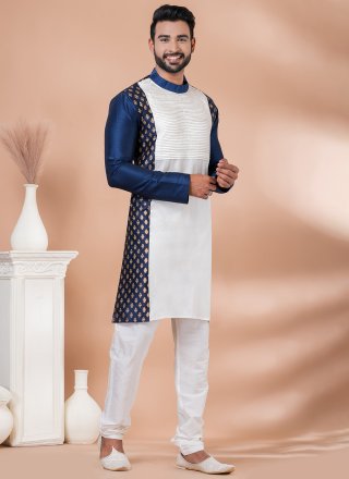 Blue and White Banarasi Silk Kurta Pyjama with Fancy Work