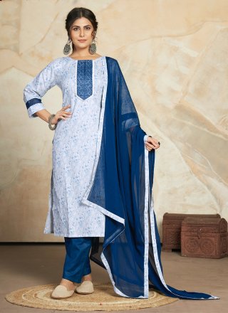 Blue and White Blended Cotton Pant Style Suit with Digital Print and Embroidered Work for Casual