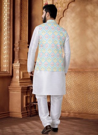 Blue and White Cotton Foil Print Work Kurta Payjama with Jacket