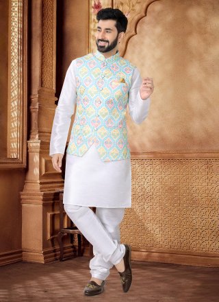 Blue and White Cotton Foil Print Work Kurta Payjama with Jacket