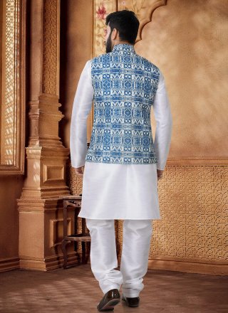 Blue and White Cotton Kurta Payjama with Jacket with Embroidered, Sequins and Thread Work for Men