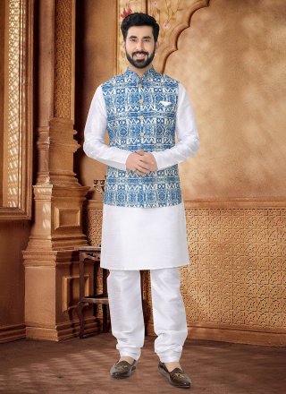 Blue and White Cotton Kurta Payjama with Jacket with Embroidered, Sequins and Thread Work for Men