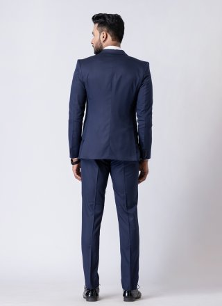 Blue and White Cotton Tuxedo Suit In Plain for Men