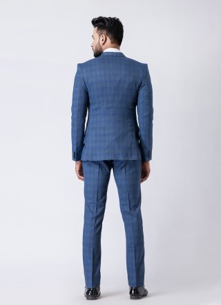 Blue and White Cotton Tuxedo Suit In Plain for Men