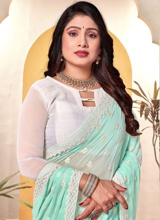 Blue and White Georgette Embroidered and Resham Work Trendy Saree for Ceremonial