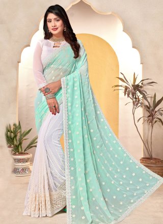 Blue and White Georgette Embroidered and Resham Work Trendy Saree for Ceremonial